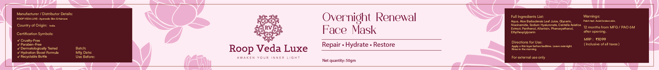 Overnight Renewal Face Mask for Skin Repair | Roop Veda Luxe